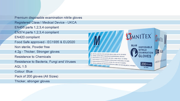 Omnitex Blue Nitrile Gloves Box of 200 Gloves